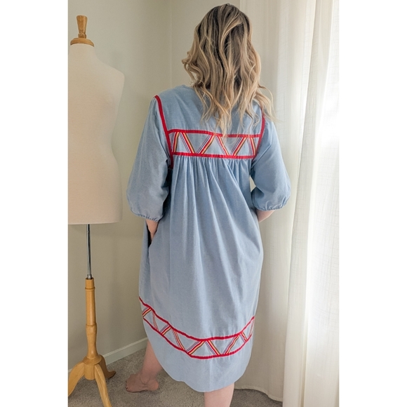 70s Blue Krist Gudnason for Rainbow Trim Cotton 1970s Vintage Midi Shift Dress - Picture 3 of 15